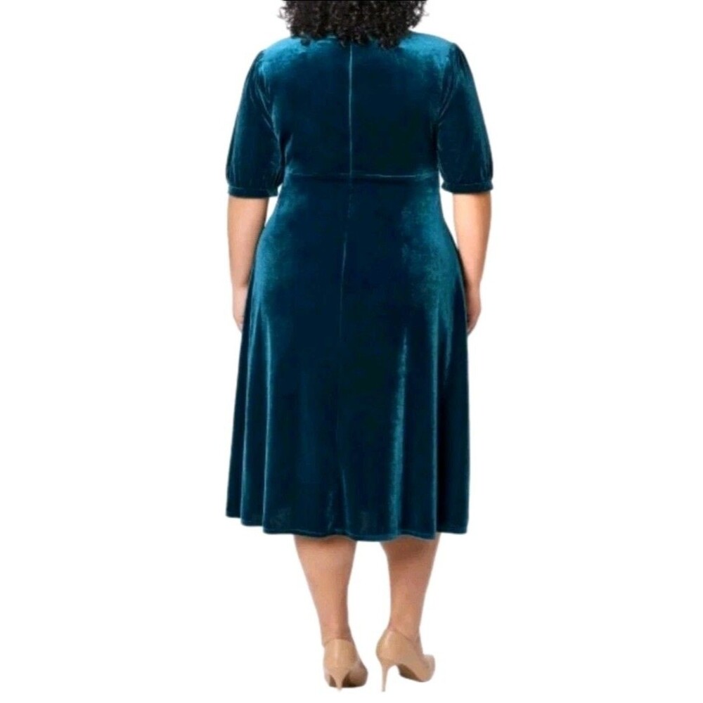 Briggs New York Women's XL Holiday Velvet Midi Dress Vneck Stretch Teal Blue - Picture 5 of 13